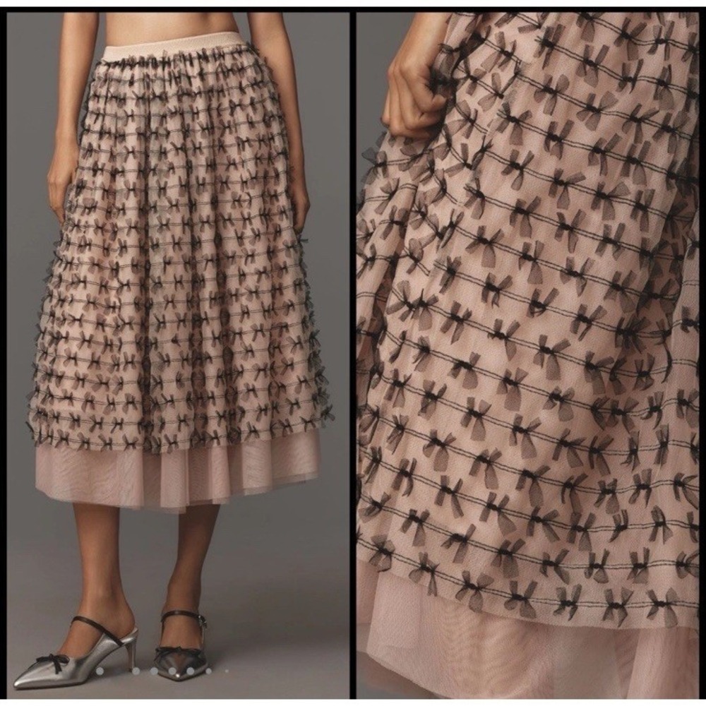 NWT Anthropologie Maeve 3D Bows Midi Skirt Peachy Nude Black Tulle Women's M